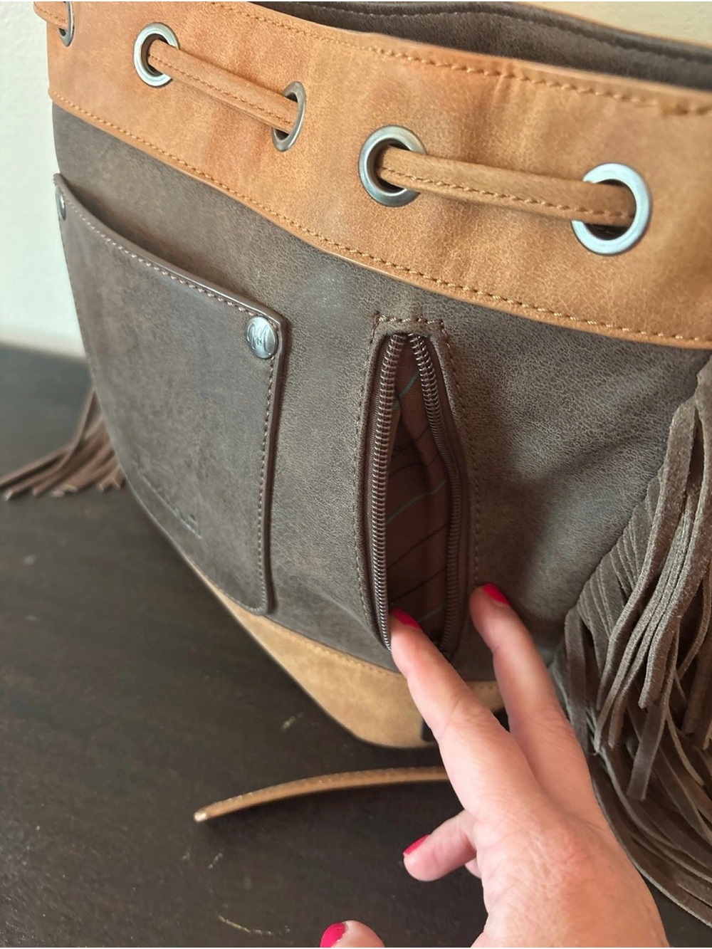 Montana West Brown and Tan Suede Fringe Shoulder Bag with Turquoise Embroidery - Picture 4 of 8